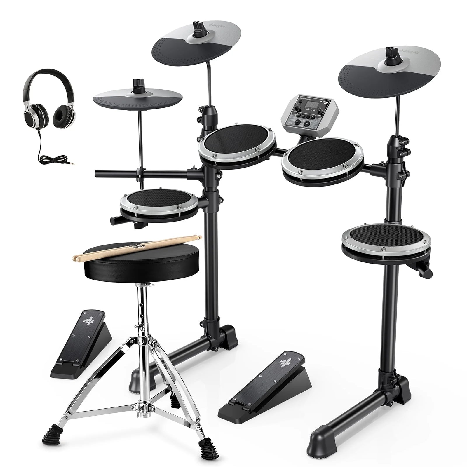 Electric Drum Set for Beginner with 180+ Sounds, Quiet Mesh Kid Child Students Electronic Drum Kit with Heavy Duty Pedals, On-Ear Headphones, DED-80 Gray