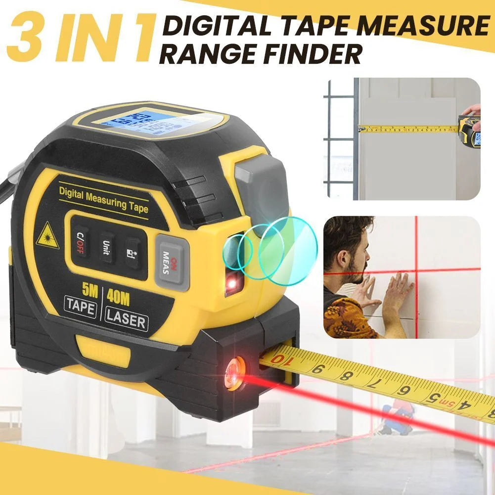 3 in 1 Digital Laser Tape Measure & Laser Cross Marking 131Ft/40M Laser Distance Meter and 16Ft/5M Autolock Tape Backlight LCD Screen for Indoor and Outdoor Use