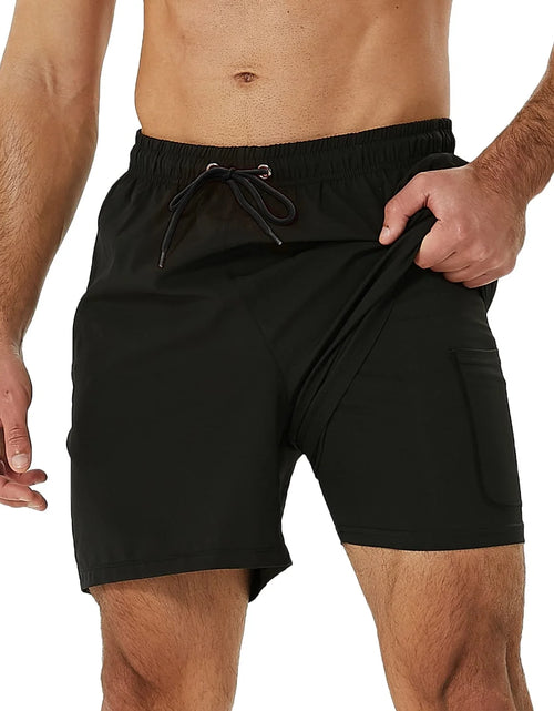 Load image into Gallery viewer, Mens Swim Trunks Stretch Water Beach Shorts with Compression Liner 2 in 1 Quick-Dry Swimming Shorts with Zipper Pockets, Black, L

