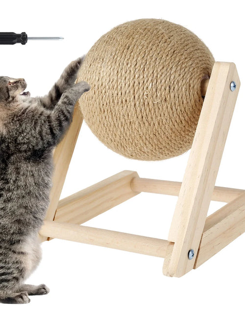 Load image into Gallery viewer, Cat Scratching Ball Natural Sisal Cat Scratcher Toy with Catnip Interactive Solid Wood Scratcher Ball 7X7X6.3 Inch Cat Scratch Post with Rotatable Ball for Indoor Cats and Kitten
