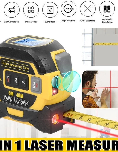 Load image into Gallery viewer, 3 in 1 Digital Laser Tape Measure &amp; Laser Cross Marking 131Ft/40M Laser Distance Meter and 16Ft/5M Autolock Tape Backlight LCD Screen for Indoor and Outdoor Use

