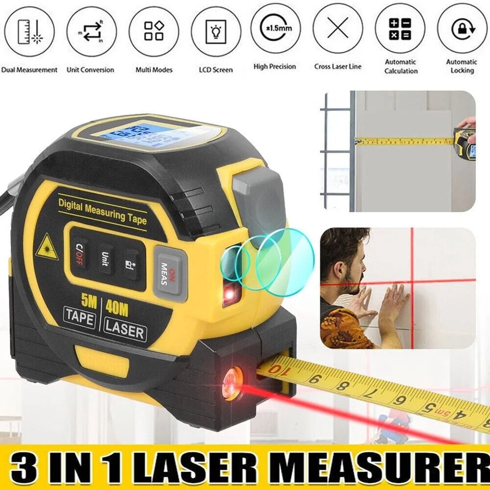 3 in 1 Digital Laser Tape Measure & Laser Cross Marking 131Ft/40M Laser Distance Meter and 16Ft/5M Autolock Tape Backlight LCD Screen for Indoor and Outdoor Use