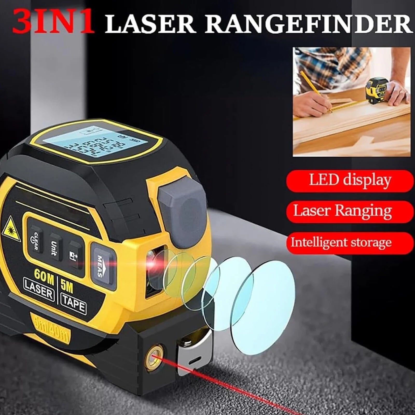 3 in 1 Digital Laser Tape Measure & Laser Cross Marking 131Ft/40M Laser Distance Meter and 16Ft/5M Autolock Tape Backlight LCD Screen for Indoor and Outdoor Use