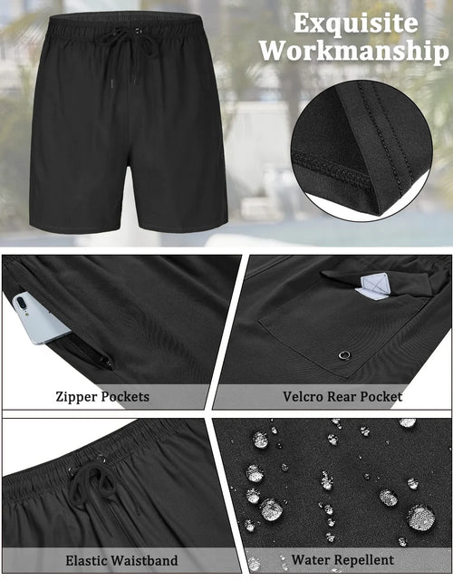Load image into Gallery viewer, Mens Swim Trunks Stretch Water Beach Shorts with Compression Liner 2 in 1 Quick-Dry Swimming Shorts with Zipper Pockets, Black, L
